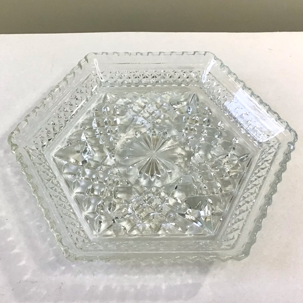 Vintage Anchor Hocking Footed Dish Clear Glass Hexagonal Plate Wexford Pattern